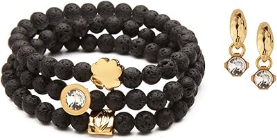 Extensible bracelet of black earrings Ca Smadar beautifully designed with lava stones, Swarovski crystals and 24 -carat gold plated elements with matching earrings.. DIAYTAR NIGERIA: Where shopping meets satisfaction with affordable prices and prompt delivery services.