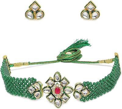 Jewelry set with Kundan heritage necklace and earrings in bright green crystal pearls for women (ZPFK9965) One size by Zaveri Pearls, one -sided, zinc, kundan and pearls.. DIAYTAR NIGERIA: Bridging the gap between consumers and quality products with affordable nationwide shipping.