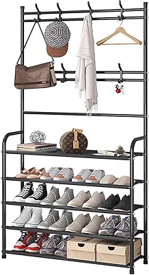 Entrance coat holder, 3 in 1 shoe bench with umbrella, coat, hat and storage support with 8 hooks, multifunctional corridor organizer (black).. DIAYTAR Nigeria: Where affordability meets fast and reliable e-commerce service.