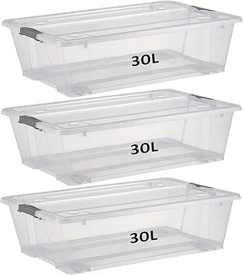 30L Premify storage box with cover and casters | Thin organizer under the plastic bed - 3 transparent boxes stackable to store clothes, toys, shoes, tools, medicines, office supplies, arts and crafts, kitchen.. Your digital shopping ally, DIAYTAR NIGERIA offers extensive selection with budget-friendly delivery.