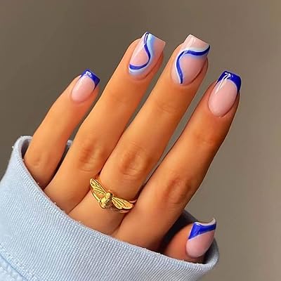 Revview False nails with medium length pressure with swirling pattern, blue square nails for women and girls.. DIAYTAR NIGERIA connects you with what you need at prices you'll love, delivered within 8 days.