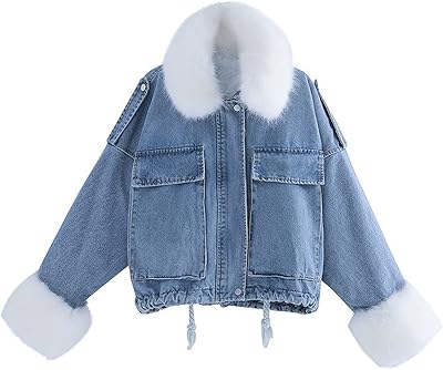 Ymikya relaxed winter coat for women, velvet denim jacket, large fur collar, student pockets and zipper (size: m).. Your complete marketplace solution, DIAYTAR NIGERIA offers unbeatable value with delivery within the week.