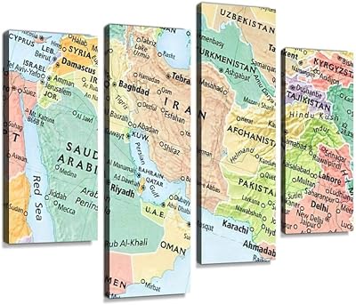 A wall painting printed on canvas with frame, with a drawing of a map of the Middle East, Persian Gulf and Pakistan/Afghanistan 2, ready to hang, composed of 4 panels.. Shop smarter, not harder with DIAYTAR NIGERIA - thousands of products at your fingertips with affordable delivery.