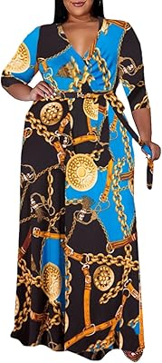 Women's long evening dress, large size, V-neck, 3/4 sleeves, with belt, 5xl size, light i-blue, 5xl.. Affordable luxury and fast service — only on DIAYTAR Nigeria.