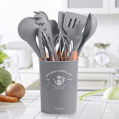 Set of non -stick kitchen utensils in Silicone Vova, 11 pieces with wooden handle and storage bucket (gray).. DIAYTAR Nigeria brings you closer to everything you need — fast delivery, low costs, and variety.