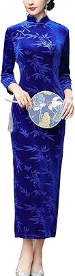 Long velvet cheongsam dress for women resnan with collar embossed on traditional Chinese bamboo leaves and elegant side slit with cup adjusted qipao.. Your shopping dreams realized through DIAYTAR NIGERIA's affordable platform with reliable delivery times.