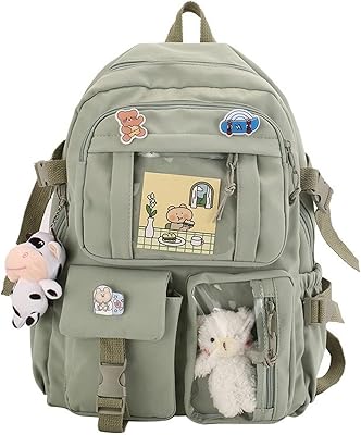 Cute Kawaii school backpack with cow necklace and pins, accessories for school year, laptop backpack.. DIAYTAR NIGERIA: Where every shopping need is met with affordable prices and timely delivery.