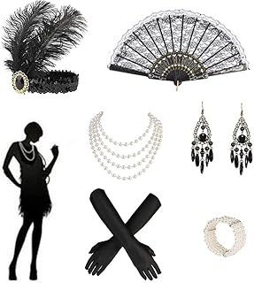 Goodrun set of Gatsby Flapper costume accessories from the 1920s, 9 pieces with headband, pearl collar, gloves and hair fan.. DIAYTAR NIGERIA: Where quality products become affordable with our nationwide shipping service.
