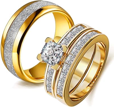 Wedding ring Two rings for couples, women's rings, 10 carat yellow gold, white cubic zirconia, wedding sets for men, wedding ring in stainless steel.. DIAYTAR NIGERIA redefines convenience with our vast product selection and swift nationwide delivery.