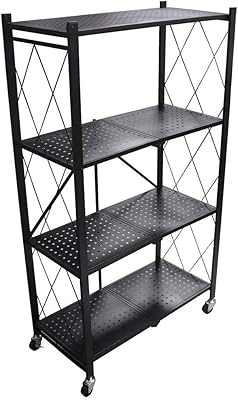 Foldable storage shelf at 4 levels with wheel, robust storage shelf for kitchen, garage, laundry room, bathroom organizer, black.. Click, pay, receive — DIAYTAR Nigeria makes online shopping seamless.