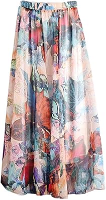Long skirt in floral silk muslin for women, elastic waist, bohemian print, pleated, full length, summer beach skirt.. DIAYTAR NIGERIA: Your trusted e-commerce partner with extensive product choices and affordable delivery.