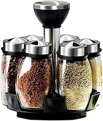 Set of spice, pepper and glass salt containers with rotating base for kitchen, set of 7 (spices not included).. DIAYTAR NIGERIA brings the marketplace to every Nigerian home with affordable prices and quick delivery.