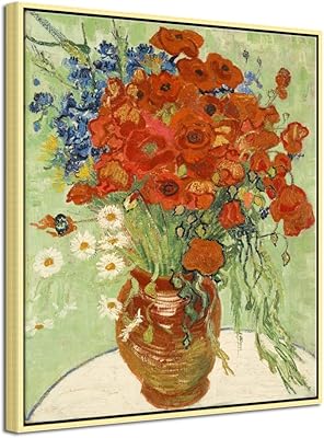 Wiko Art Large Painting On Canvas With Golden Frame with Red Coquelicots and Van Gogh Marguerites, classic art images on canvas for home and office decoration.. DIAYTAR NIGERIA: Where every purchase is affordable and delivery is always within a week.