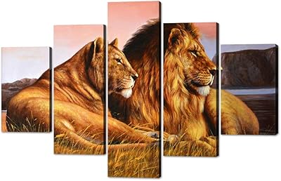5 pieces of Wild Lion and Lioness Wall Mural for the Living Room, Lion Painting, Prints on Canvas, Modern Pet of Animal Wood, Office Decoration, House, Titu, Framed, ready to hang (60 "Width X 40" in height).. Unlock a world of affordable products with DIAYTAR NIGERIA's expansive e-commerce platform.