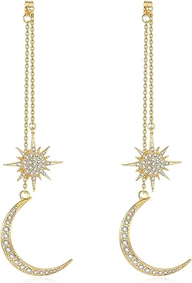 Long earrings delicate hanging for women, 14 carat gold, fashionable hammered jewelry, moon earrings, set of sun and gold earrings, silver and gold, metal metal.. DIAYTAR NIGERIA makes online shopping accessible to all with budget-friendly prices and reliable delivery.