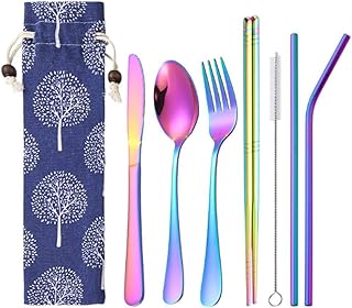Set of portable stainless steel cutlery 7 -piece, reusable travel cutlery with case, stainless steel knife, fork, spoon, baguettes and straws.. DIAYTAR NIGERIA: Your affordable gateway to thousands of products delivered within a week.