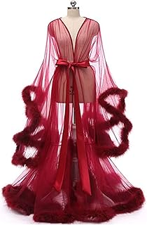 Women's pajamas, long night clothes for women, lingerie for women, Night shirt in transparent lace mesh, long sleeves in feathers, long bathrobe, night shirt with belt (color: red wine).. DIAYTAR NIGERIA: Your trusted marketplace that combines variety, affordability and reliable shipping.
