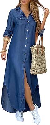 Damped jeans dress for women, loose cut, button closure and pockets on both sides, Light long dress.. Experience the ease of modern shopping with DIAYTAR NIGERIA's diverse marketplace delivered promptly.