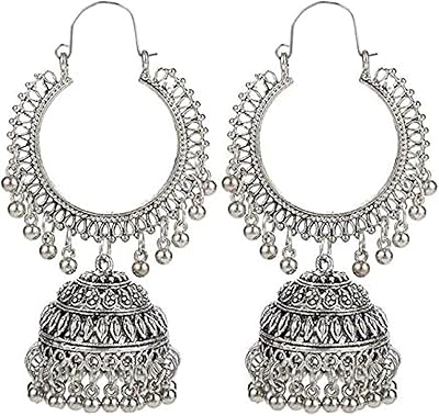 Afghan jewelry earrings cashmere jhumka for girls and women of Jubella, silver color, Ybear_32197 model.. You deserve better shopping — choose DIAYTAR Nigeria today.