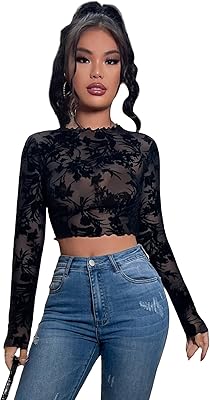 Transparent short t-shirt for women with long sleeves and rising collar decorated with flowers.. More than a store — DIAYTAR Nigeria is your shopping partner.