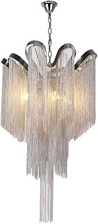 Modern chandelier with aluminum wavy fringed design with wavy fringes E14, elegant and magnificent interior ceiling chandelier - Chrome and silver aluminum chains Size 40 x 65 cm.. DIAYTAR NIGERIA brings the market to your fingertips with affordable prices and swift delivery services.