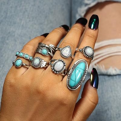 Set of 8 bohemian articulation rings, rings in the shape of a turquoise oval oval with precious stones, medium length rings for women and girls.. DIAYTAR NIGERIA delivers what you want at prices you'll love, all within 5-8 days nationwide.