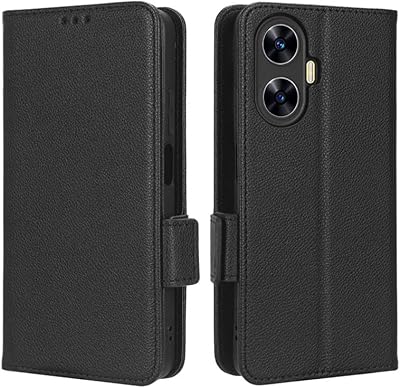 Cell leather mobile phone with ultra thin design with locations for cards and tickets and magnetic closure support for TPU for Realme C55 (black).. Shop smarter, not harder with DIAYTAR NIGERIA - thousands of products at your fingertips with affordable delivery.