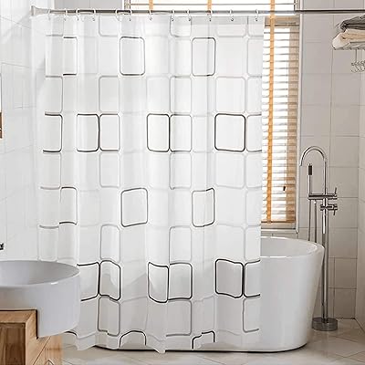 D-MATIC waterproof shower curtain, washable, fast, durable drying, stains resistant, black and white square print with 12 plastic hooks for bathrooms, 180 x 200 cm.. Shop confidently with DIAYTAR NIGERIA, offering affordable prices and reliable delivery within a week.