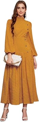 Long Pinab polka dot dress with lanterns and buttons on the front (color: mustard yellow, size: xl).. DIAYTAR NIGERIA: Making quality products accessible to all Nigerians at affordable prices.