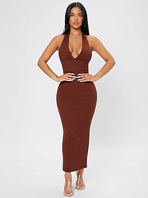 Finber vestidos Largos Dress relaxed in ribbed knitting with laces and bare back (color: brown, size: Small xxs).. Thousands of items at your fingertips — DIAYTAR Nigeria makes it happen.
