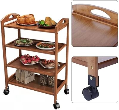 Wooden kitchen cart on Lingwei casters, food trolley with handle with storage shelves and wooden storage shelf, drinks and tea cart (4 levels).. Enjoy stress-free shopping with affordable prices on DIAYTAR Nigeria.