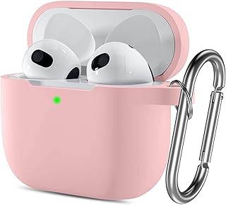 Protective shell compatible with 3rd generation 2021 airpods, flexible silicone shell absorbing shocks with keychain, supports wireless loading, visible front LED lighting (pink).. DIAYTAR NIGERIA: Where shopping is easy, prices are low, and delivery is just days away.
