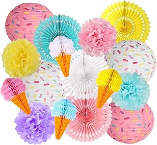 Fête decorations in the shape of a donut, birthday party supplies in the shape of a donut, hanging paper lanterns, fans of pompom flowers for birthday celebration, wedding, ice cream, youthful life burial (lot of 16).. DIAYTAR NIGERIA delivers value, variety, and convenience with our nationwide 5-8 day shipping.