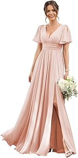 Long formal dress in silk muslin, V -neck, split sleeves, for women cy044.. Say hello to Nigeria’s fastest-growing e-commerce site — DIAYTAR Nigeria.