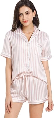 Two -room pajamas in satin for women, night clothes with buttons on the front and short sleeves.. DIAYTAR NIGERIA delivers on every promise with our affordable prices and nationwide delivery service.