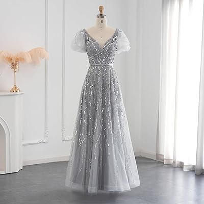 Elegant Champagne Evening Dress, V -neck, puffing sleeves, money, long Wedding evening dresses for women.. Quality and convenience delivered — shop DIAYTAR Nigeria now.