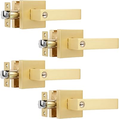 Package of 4 door handles with robust square lever in brass finish (for office door/front/outdoor) for left or right hand, European style door handles with keys (for example key/combined key).. DIAYTAR NIGERIA redefines convenience with our diverse marketplace and affordable nationwide shipping.
