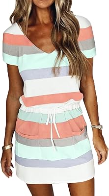 Hiroyuki summer dress for women, ample, V -neck, striped, tightening cord, short sleeves, sexy bohemian style beach dress with pockets.. Discover a world of choices with DIAYTAR NIGERIA's extensive marketplace and prompt shipping service.