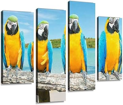 Blue and golden ARA on a beautiful tropical and sea beach - Printing on canvas - framed wall decoration - abstract digital printing - decoration for living room, house, office - ready to hang - 4 panels.. Your shopping needs fulfilled through DIAYTAR NIGERIA's extensive selection and nationwide delivery.