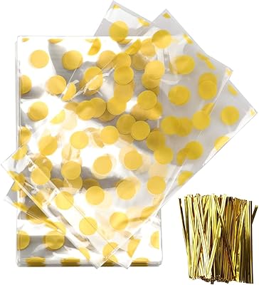 Transparent candy bags, 100 dotted cellophane bags, party gift packaging bags with golden twisted ties for cookies, cakes, chocolate, candy, snacks, 13 x 21 cm.. DIAYTAR NIGERIA connects you with endless possibilities through our affordable e-commerce platform.