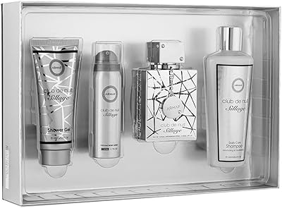 Armaf Night Club Sillage Man 4 -piece box for men, 105 ml perfume, flavored spray body 50 ml, 250 ml hair shampoo, 100 ml body shower gel, gift box, for him, silver, perfumes for men.. DIAYTAR NIGERIA transforms online shopping with competitive prices and dependable nationwide delivery.