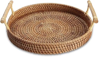 Round basket for hand in D&D rattan, round service tray with handles, food service basket, suitable for tea, coffee and bread (28 cm).. DIAYTAR NIGERIA: Connecting Nigerians with affordable products delivered promptly nationwide.