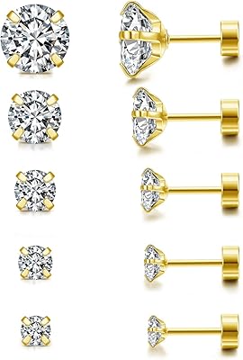 Poprina Lot of 5 pairs of transparent zirconic round earrings, pack of earrings in stainless steel 316L hypoallergenic for men and women, 3-8 mm.. Great products, lower prices, fast delivery — DIAYTAR Nigeria has it all.