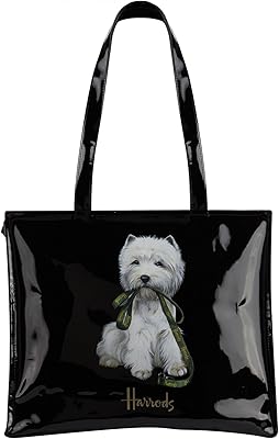 Harrods Scotch Westie holding a large PVC Harrods, black PVC shoulder bag.. Experience the future of shopping with DIAYTAR NIGERIA's extensive selection delivered in just 5-8 days.