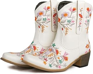 Western cowgirl boots for women, floral embroidery, thick heel, cow-girl boots to put on, ankle length.. Experience the ease of digital shopping with DIAYTAR NIGERIA's affordable and diverse marketplace.