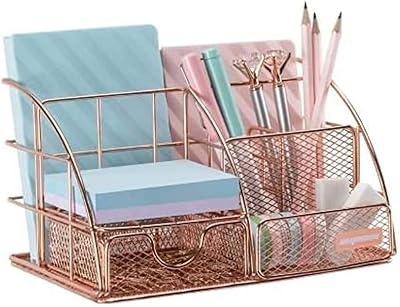Office organizer in pink gold, nice mesh office accessories support comprising 5 compartments and 1 small sliding drawer for the office, the house, the dormitory.. DIAYTAR NIGERIA: Connecting Nigerians with affordable products through our expansive e-commerce platform.