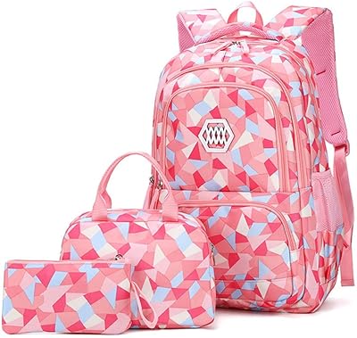 Set of 3 backpacks for children for girls with geometric pattern and geometric print, waterproof travel bag, large student satchel with handbag and pencil kit for girls and boys.. No hassle, just shopping — DIAYTAR Nigeria delivers in under 8 days.