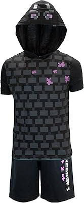 Set of short minecraft costumes for boys with black TNT shorts and minecraft logo on green hooded t-shirt.. DIAYTAR NIGERIA brings the marketplace to your home with budget-friendly prices and nationwide delivery.