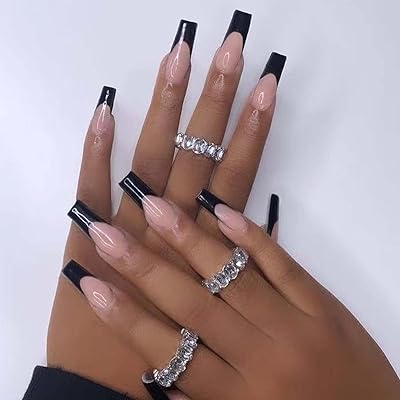 Hkanlre square long press on nails tips French fake black nails complete xl false ballerina nails for women and girls 24pcs.. DIAYTAR NIGERIA: Making quality products accessible to all Nigerians at affordable prices.