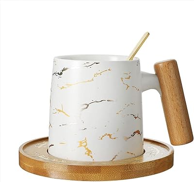 Cut and saucer in luxury golden marble marble Bonita - 200 ml ceramic coffee cup with wooden handle for coffee, tea and latte - black and white mat finish (white).. DIAYTAR NIGERIA makes quality accessible with our affordable prices and dependable delivery service.